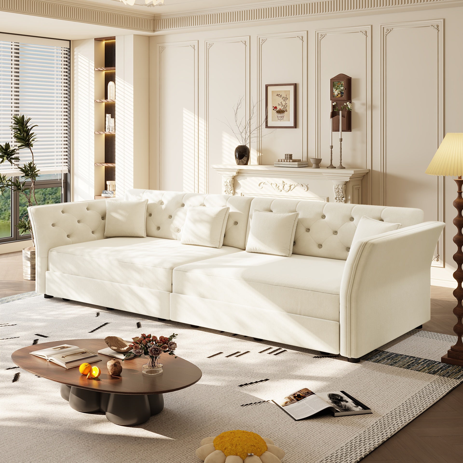 100"  Oversize Pull Out Sofa Bed,  Convertible Sleeper Sofa with Handmade Fabric Flower Tufted Design,Multi-Functional Velvet Loveseat Bed for Living Room,Bedroom,Apartment,Beige/White