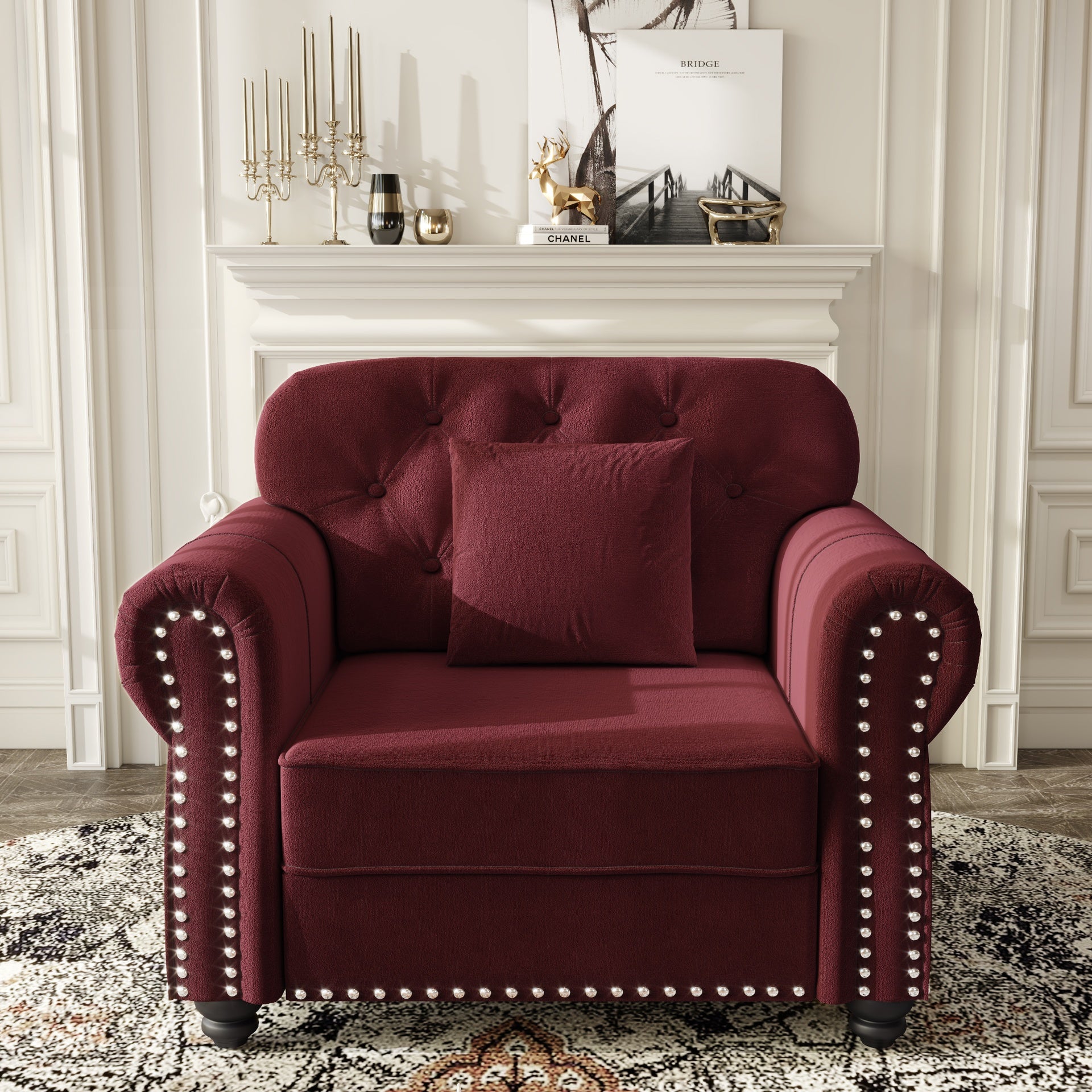 41.3"Upholstered Velvet Sofa with Nailhead Trim and Rolled Armrests,Mid-Century Modern Chesterfield Sofa with Button  Tufted,Includes 1 Pillows,Burgundy