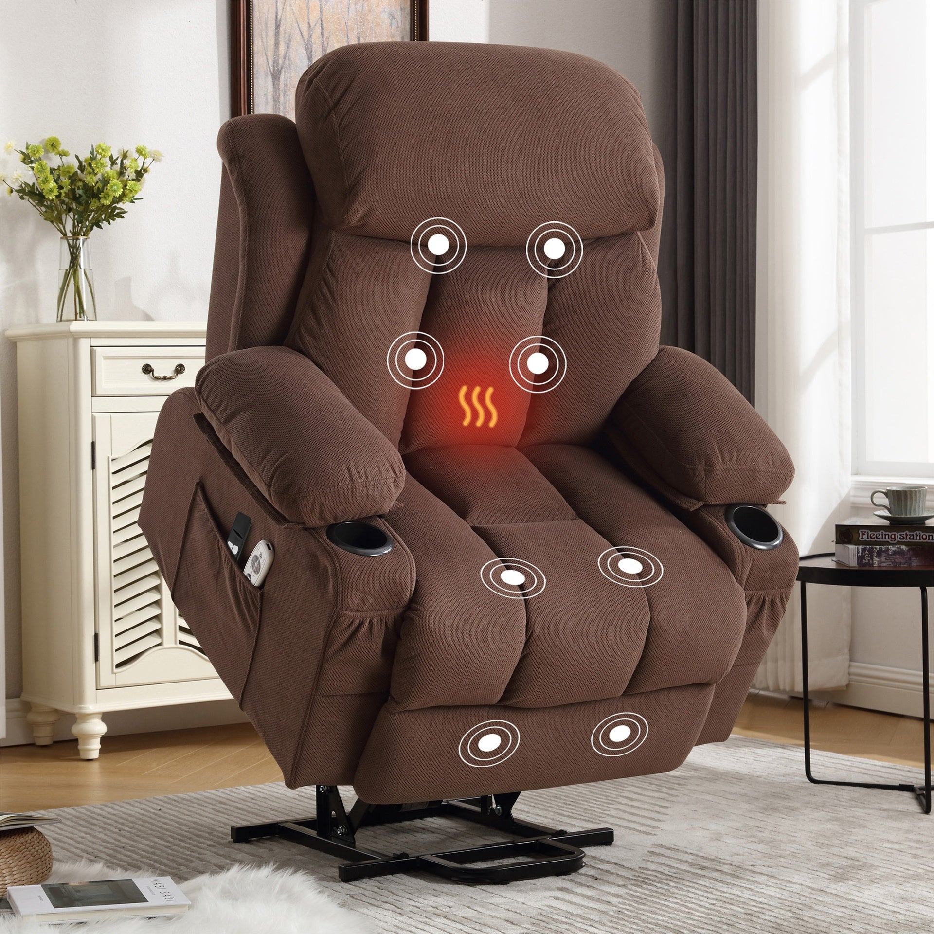 Power Lift Recliner Chair with Heat and Massage Electric Fabric Recliner Chair for Elderly with Side Pocket, USB Charge Port, Remote Control for Living Room (BROWN)