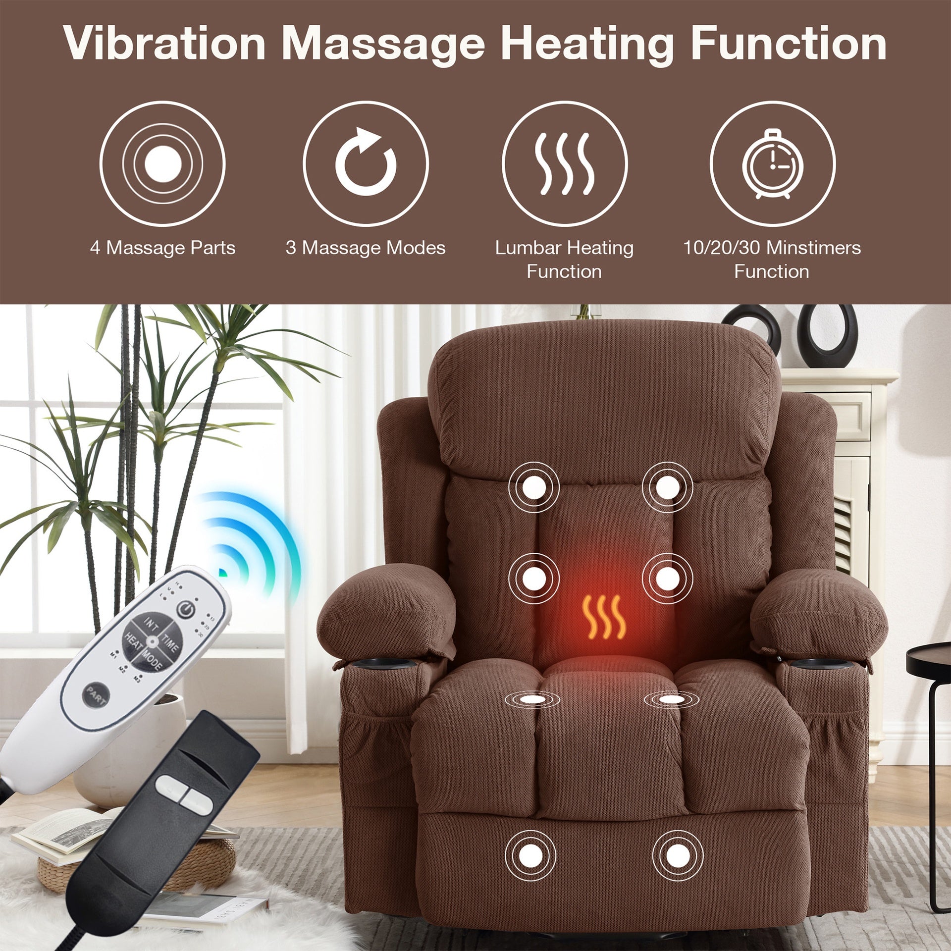 Power Lift Recliner Chair with Heat and Massage Electric Fabric Recliner Chair for Elderly with Side Pocket, USB Charge Port, Remote Control for Living Room (BROWN)