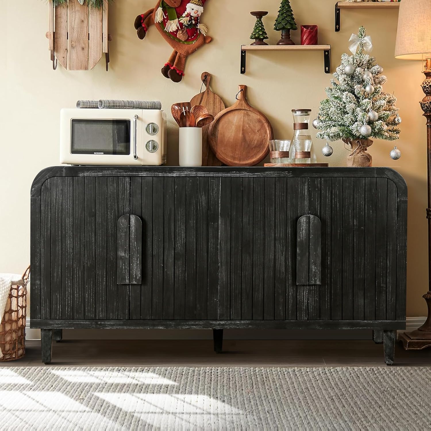59'' Farmhouse Curved Vintage Storage  Sideboard with  Large Wooden Handles, Vertical Wood Grain Carving and Adjustable Shelves  for Kitchen,Dining Room (Antique Black)