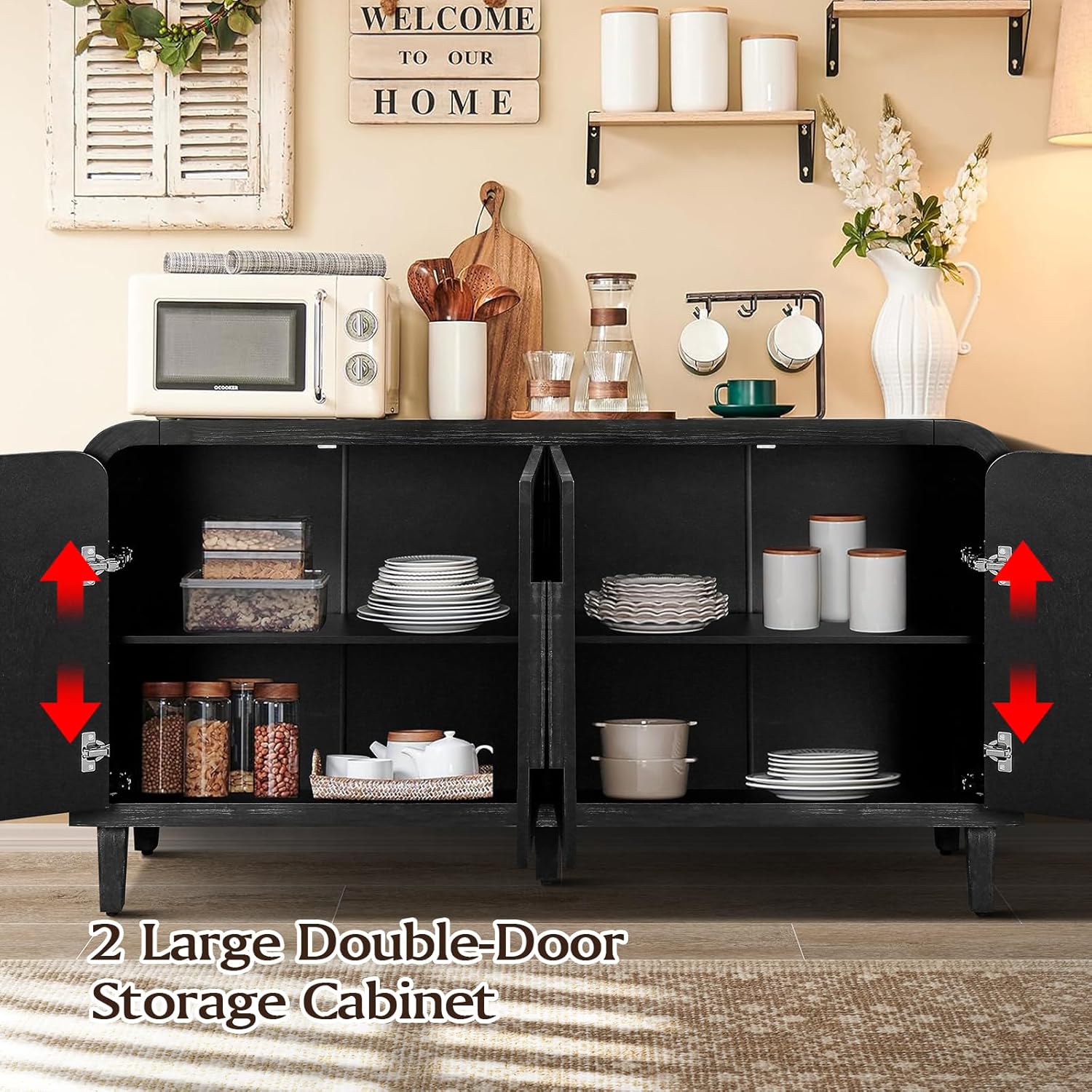 59'' Farmhouse Curved Vintage Storage  Sideboard with  Large Wooden Handles, Vertical Wood Grain Carving and Adjustable Shelves  for Kitchen,Dining Room (Antique Black)