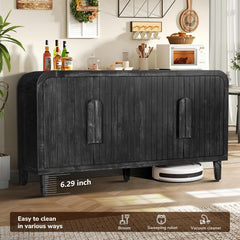 59'' Farmhouse Curved Vintage Storage  Sideboard with  Large Wooden Handles, Vertical Wood Grain Carving and Adjustable Shelves  for Kitchen,Dining Room (Antique Black)