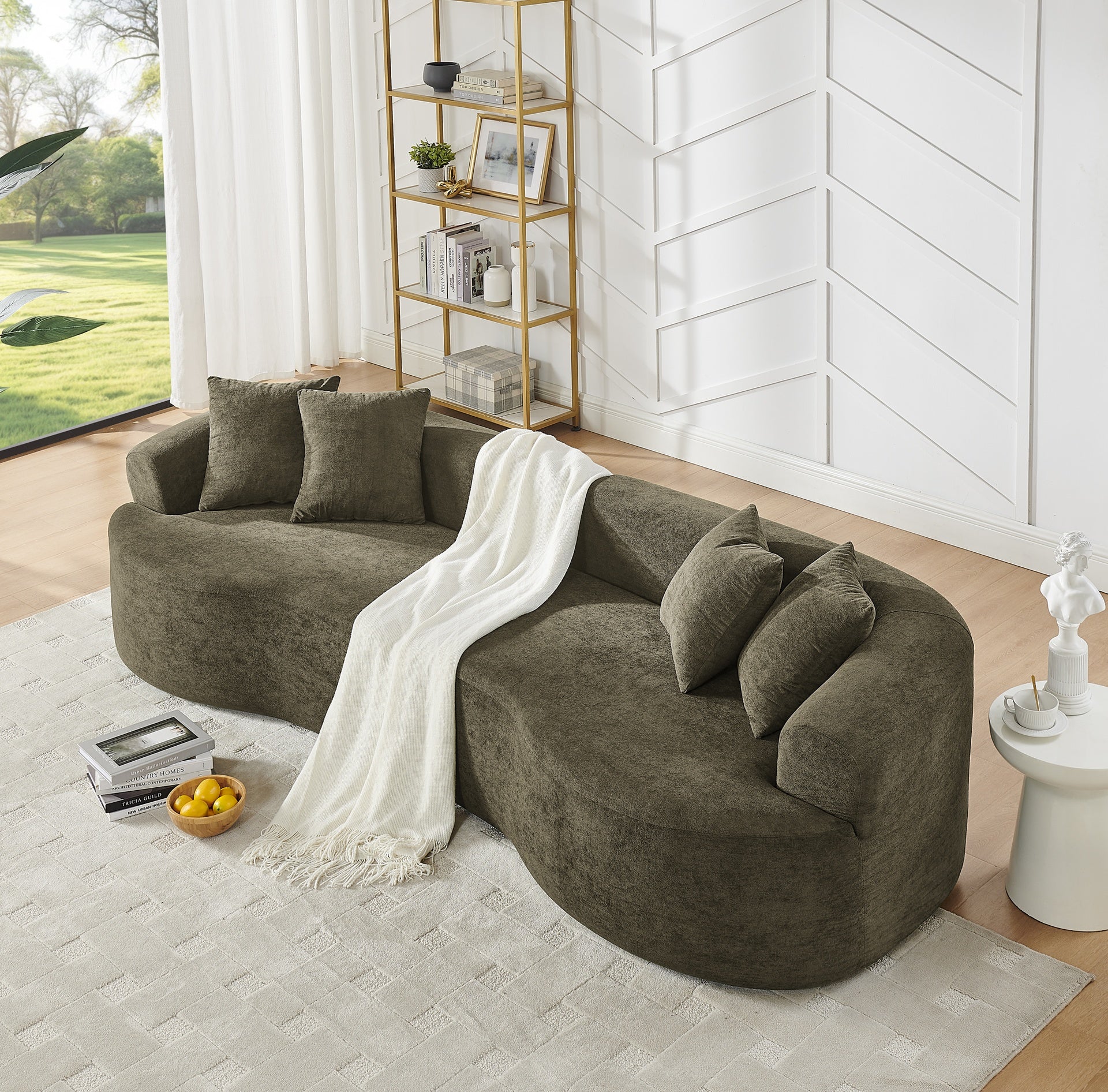 Modern Cloud 4-Seater Sectional Curved Sofa, Minimalist Compression Living Room Couch, No Assembly Needed, Chenille