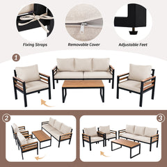 <Old SKU: N704G201246A> GO 4-Piece Outdoor Furniture Sofa Set for 5 People with Acacia Wood Armrests, Patio Conversation Set with Removable Cushion and Solid Wood Coffee Table for Garden,Beige