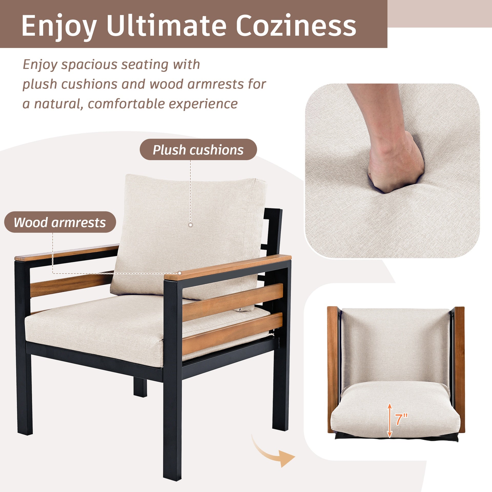 <Old SKU: N704G201246A> GO 4-Piece Outdoor Furniture Sofa Set for 5 People with Acacia Wood Armrests, Patio Conversation Set with Removable Cushion and Solid Wood Coffee Table for Garden,Beige