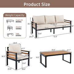 <Old SKU: N704G201246A> GO 4-Piece Outdoor Furniture Sofa Set for 5 People with Acacia Wood Armrests, Patio Conversation Set with Removable Cushion and Solid Wood Coffee Table for Garden,Beige