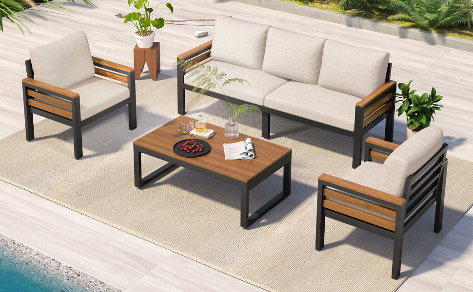 <Old SKU: N704G201246A> GO 4-Piece Outdoor Furniture Sofa Set for 5 People with Acacia Wood Armrests, Patio Conversation Set with Removable Cushion and Solid Wood Coffee Table for Garden,Beige