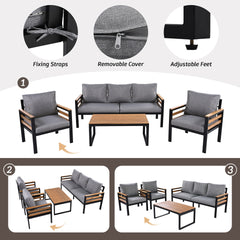 <Old SKU: N704G201246E> GO 4-Piece Outdoor Furniture Sofa Set for 5 People with  Acacia Wood Armrests, Patio Conversation Set with Removable Cushion and Solid Wood Coffee Table  for Garden, Grey