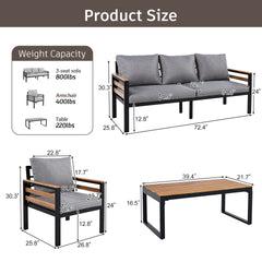 <Old SKU: N704G201246E> GO 4-Piece Outdoor Furniture Sofa Set for 5 People with  Acacia Wood Armrests, Patio Conversation Set with Removable Cushion and Solid Wood Coffee Table  for Garden, Grey
