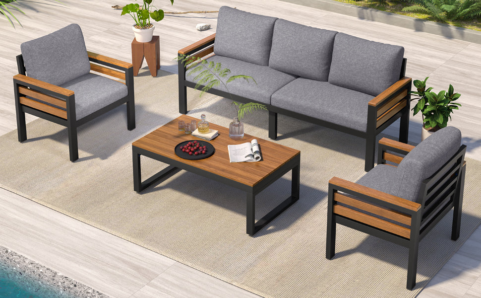 <Old SKU: N704G201246E> GO 4-Piece Outdoor Furniture Sofa Set for 5 People with  Acacia Wood Armrests, Patio Conversation Set with Removable Cushion and Solid Wood Coffee Table  for Garden, Grey