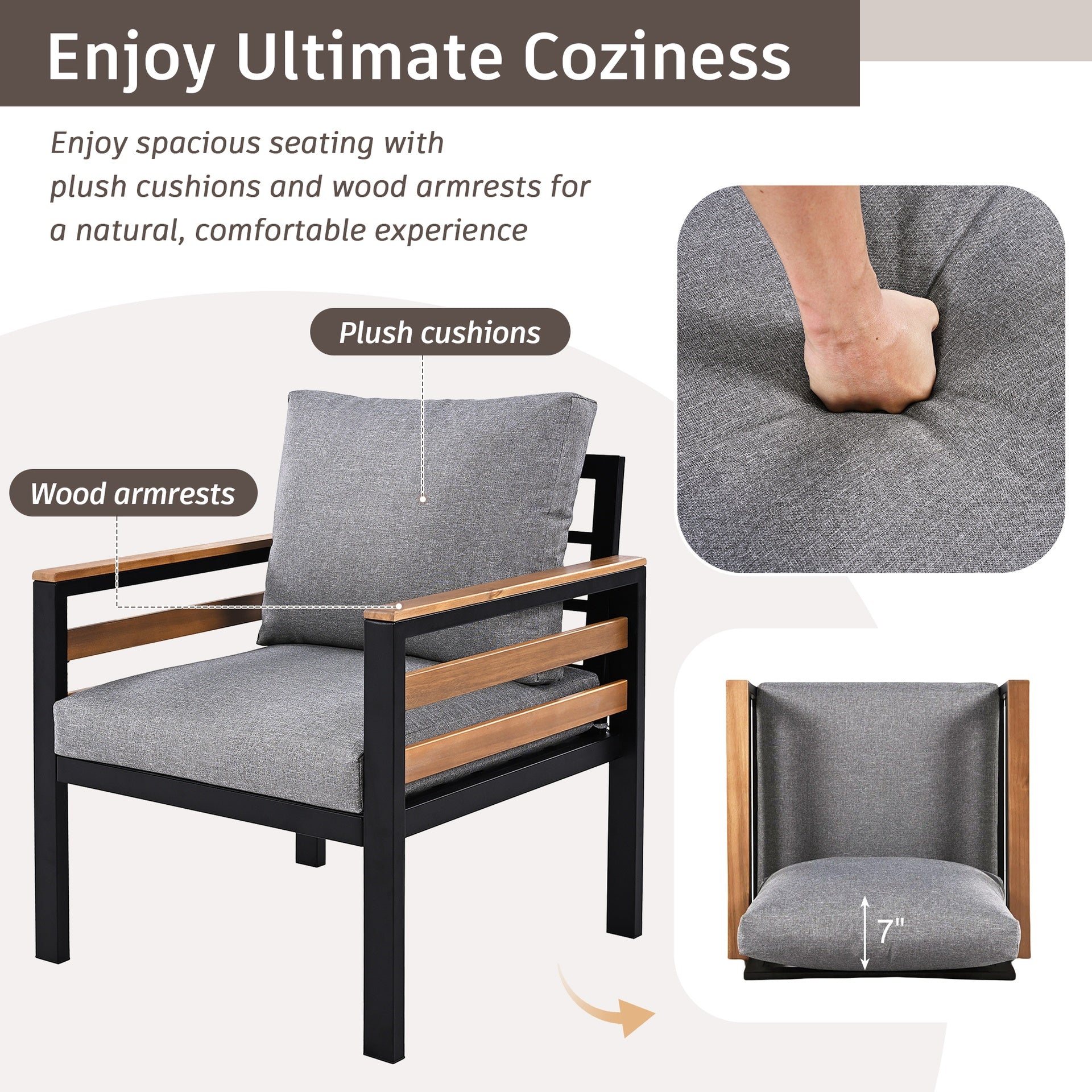 <Old SKU: N704G201246E> GO 4-Piece Outdoor Furniture Sofa Set for 5 People with  Acacia Wood Armrests, Patio Conversation Set with Removable Cushion and Solid Wood Coffee Table  for Garden, Grey