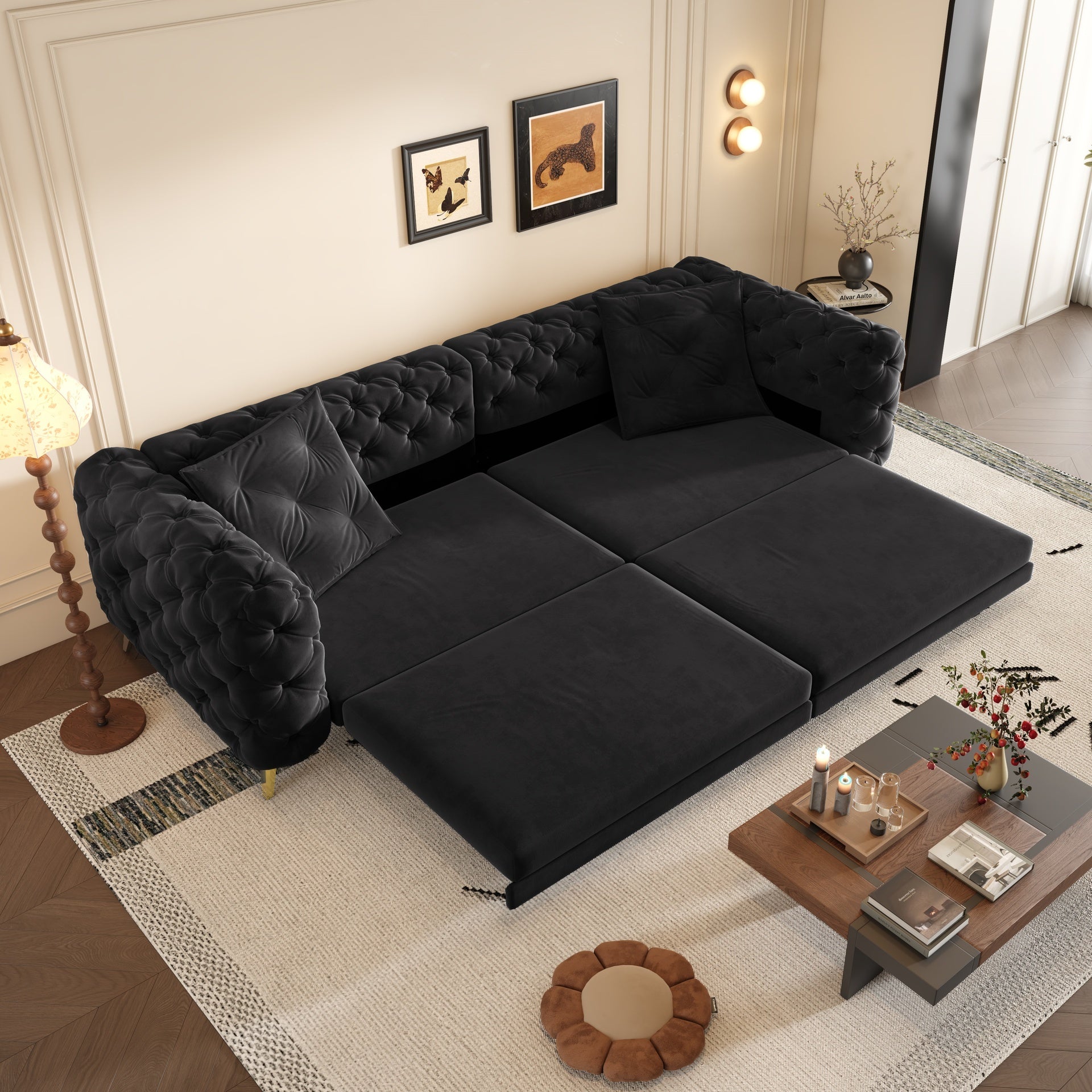 97.7" 3-in-1 Convertible Sleeper Sofa,28.4" Deep Seat Pull Out Sofa Bed,Button Tufted Modern Sofa,4-Seater Couch with Movable Ottoman  for Apartment,Office,Bedroom, Black