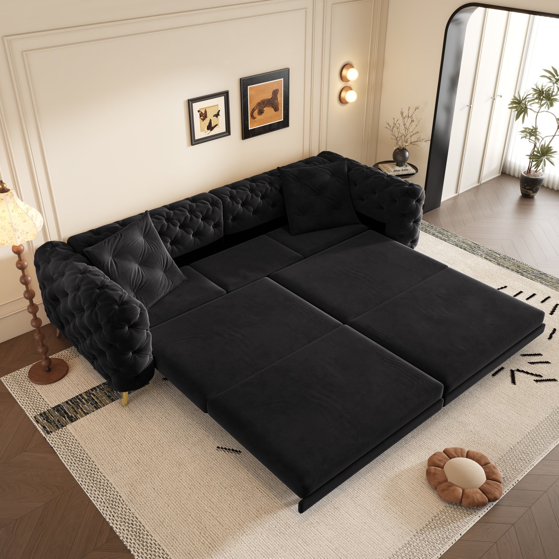 97.7" 3-in-1 Convertible Sleeper Sofa,28.4" Deep Seat Pull Out Sofa Bed,Button Tufted Modern Sofa,4-Seater Couch with Movable Ottoman  for Apartment,Office,Bedroom, Black