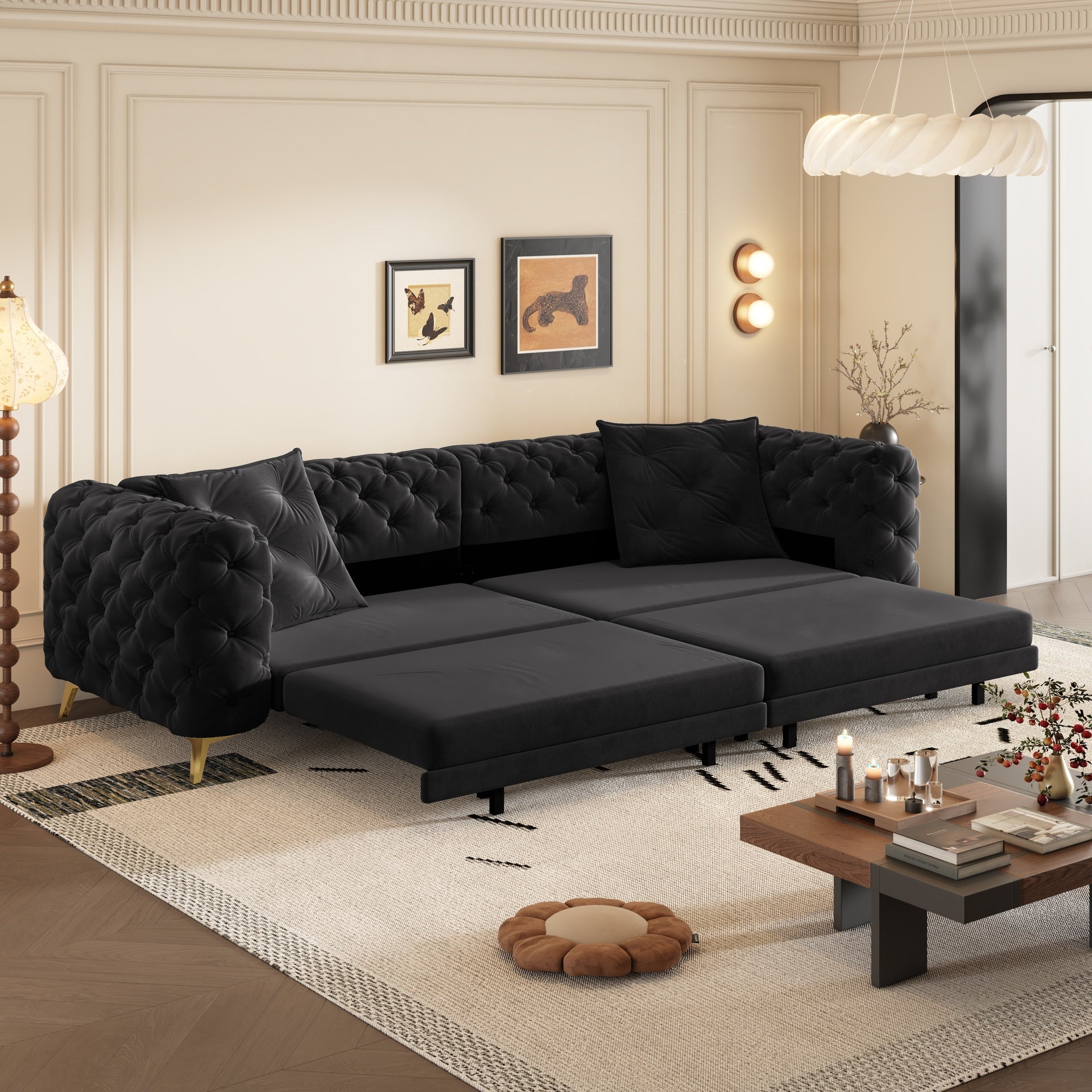 97.7" 3-in-1 Convertible Sleeper Sofa,28.4" Deep Seat Pull Out Sofa Bed,Button Tufted Modern Sofa,4-Seater Couch with Movable Ottoman  for Apartment,Office,Bedroom, Black