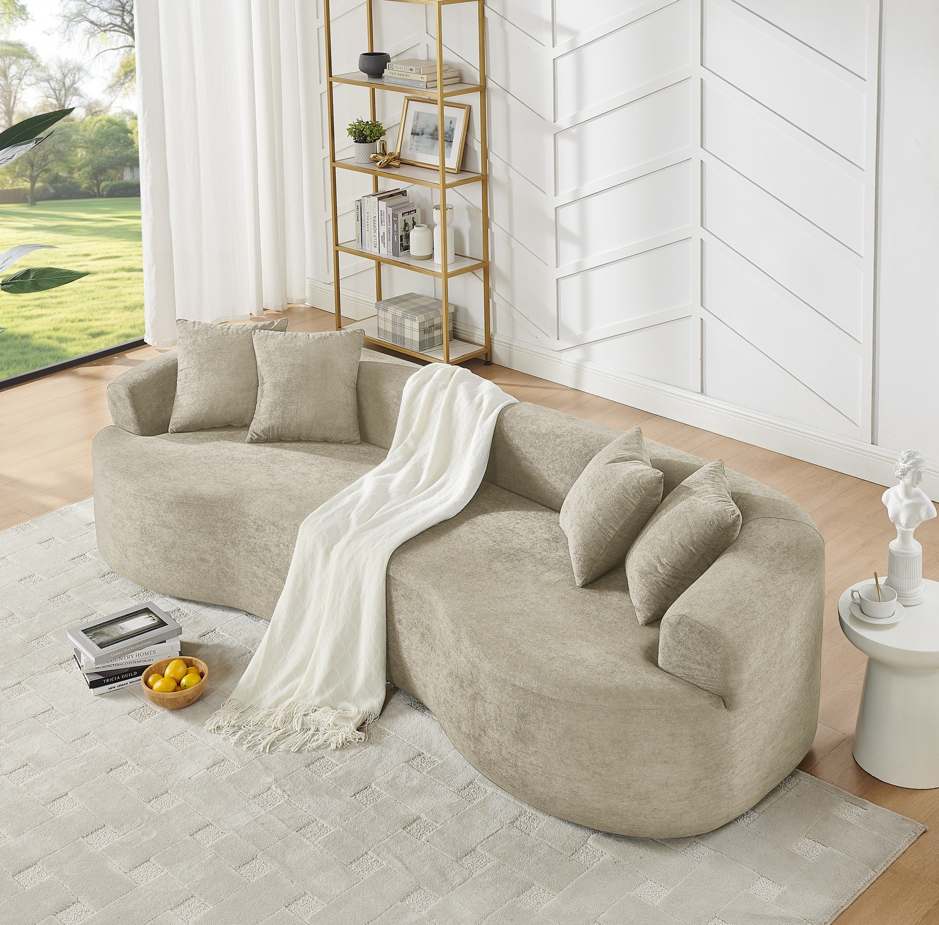 Modern Cloud 4-Seater Sectional Curved Sofa, Minimalist Compression Living Room Couch, No Assembly Needed, Chenille