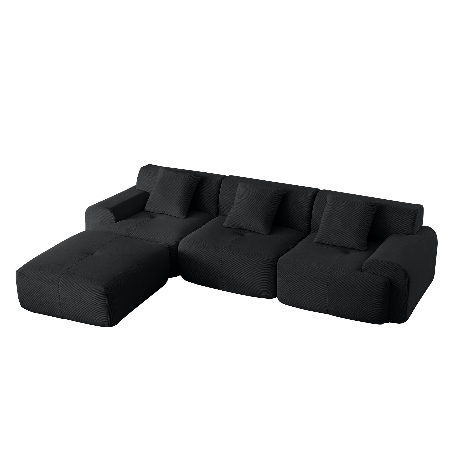 113" Modern L-Shaped Modular Sectional Sofa for Living Room, Corduroy Upholstery black, Oversized 3-Seater Couch with Deep Seat and Movable Ottoman – No Assembly