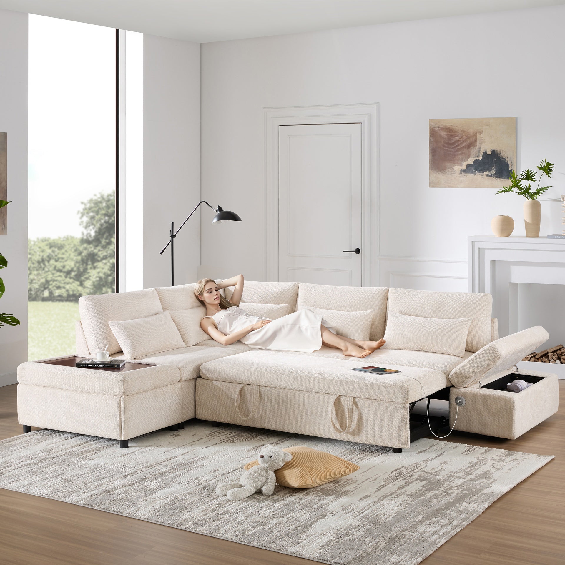 107'' Sectional Sleeper Sofa Bed with Pull Out Couch, L-shaped with Adjustable Armrest, USB&Type-C Charging, Free Movement Storage Ottoman, Free Combination for Living Room&Apartment, Chenille