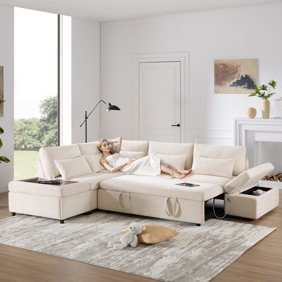107'' Sectional Sleeper Sofa Bed with Pull Out Couch, L-shaped with Adjustable Armrest, USB&Type-C Charging, Free Movement Storage Ottoman, Free Combination for Living Room&Apartment, Chenille