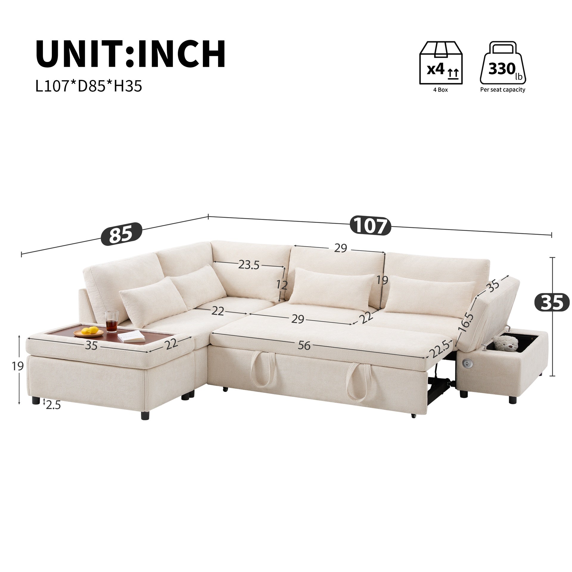 107'' Sectional Sleeper Sofa Bed with Pull Out Couch, L-shaped with Adjustable Armrest, USB&Type-C Charging, Free Movement Storage Ottoman, Free Combination for Living Room&Apartment, Chenille