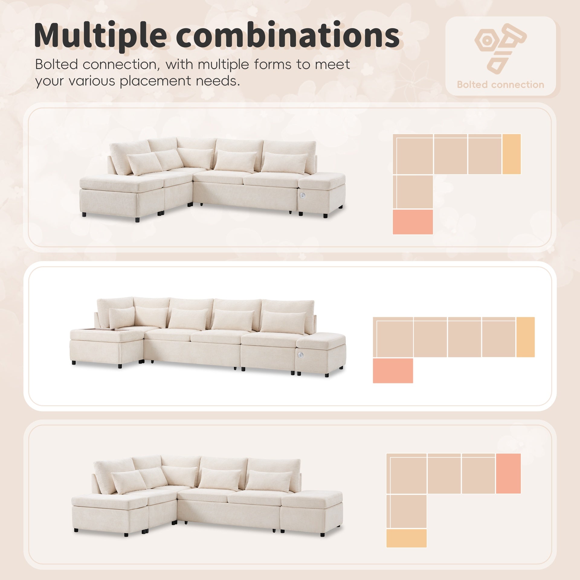 107'' Sectional Sleeper Sofa Bed with Pull Out Couch, L-shaped with Adjustable Armrest, USB&Type-C Charging, Free Movement Storage Ottoman, Free Combination for Living Room&Apartment, Chenille