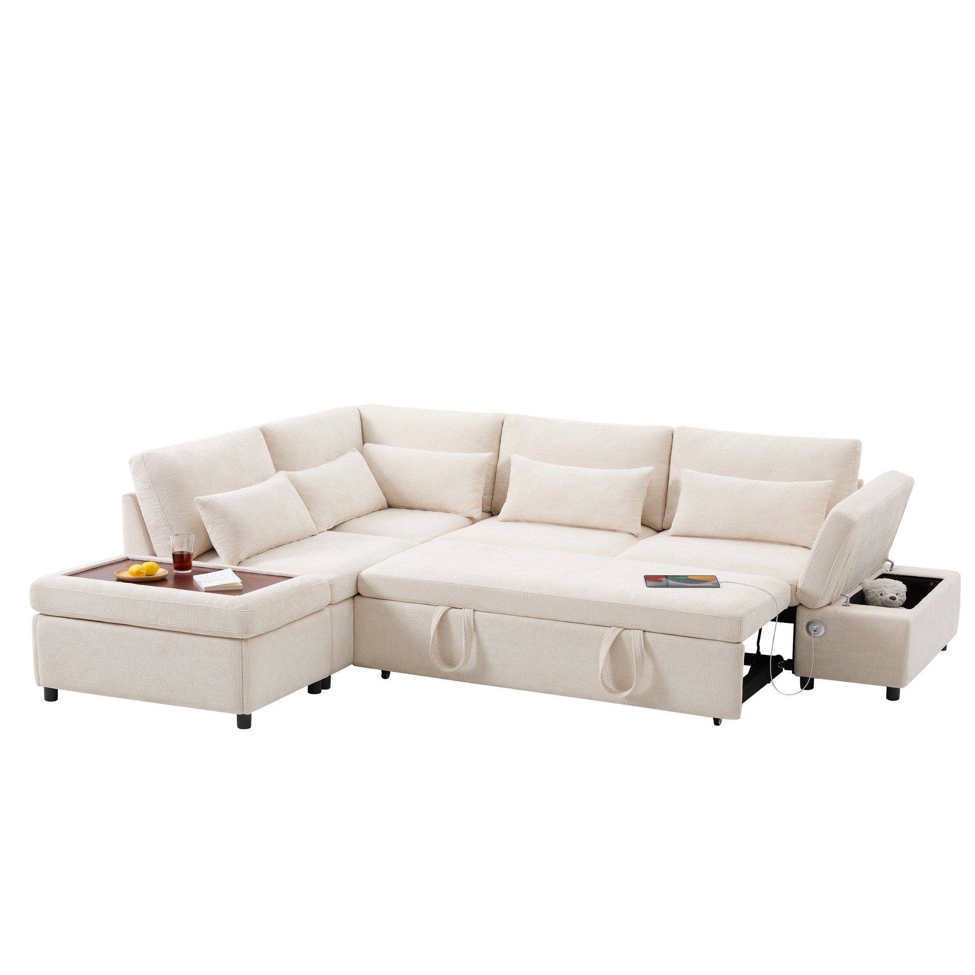 107'' Sectional Sleeper Sofa Bed with Pull Out Couch, L-shaped with Adjustable Armrest, USB&Type-C Charging, Free Movement Storage Ottoman, Free Combination for Living Room&Apartment, Chenille
