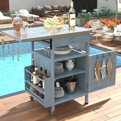 K&K 40.5" Outdoor Grill Cart with Stainless Steel Top, Solid Wood Outdoor Storage Cabinet with Drop Leaf, One Drawer, Towel Rack, Rolling Kitchen Cart with Lockable Wheels for Lawn Garden, Blue Grey