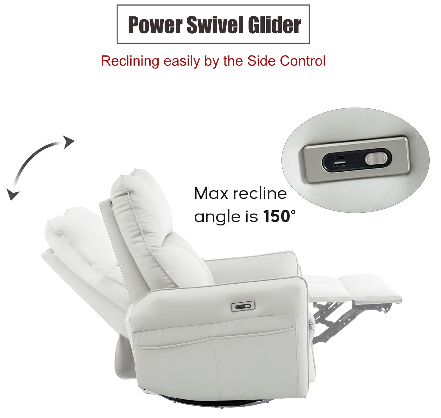 270° Power Swivel Rocker Recliner Chair, PU Leather Electric Glider Reclining Sofa with USB Ports, Power Swivel Glider, Rocking Chair,Nursery Recliners for Living Room Bedroom(Light Gray+270°Swivel)
