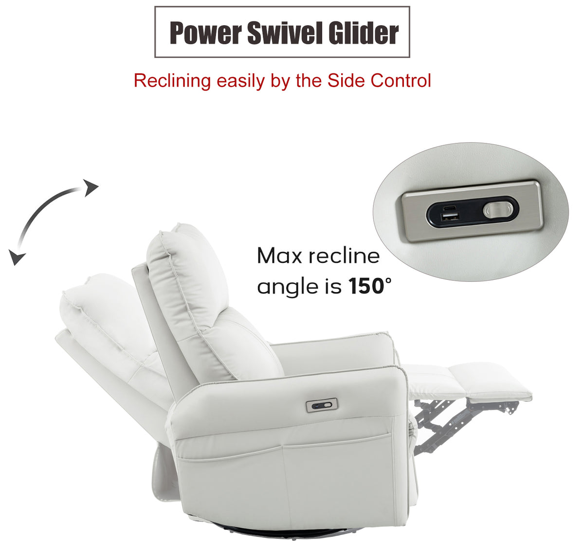 270° Power Swivel Rocker Recliner Chair, PU Leather Electric Glider Reclining Sofa with USB Ports, Power Swivel Glider, Rocking Chair,Nursery Recliners for Living Room Bedroom(Light Gray+270°Swivel)