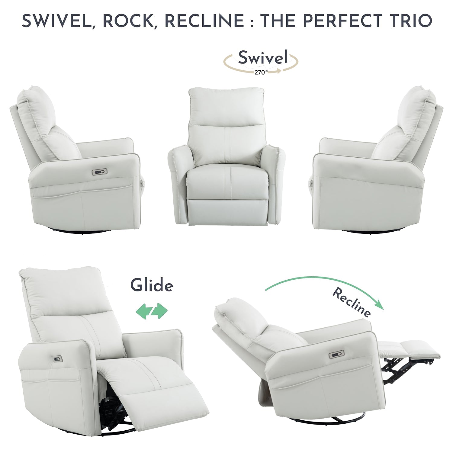 270° Power Swivel Rocker Recliner Chair, PU Leather Electric Glider Reclining Sofa with USB Ports, Power Swivel Glider, Rocking Chair,Nursery Recliners for Living Room Bedroom(Light Gray+270°Swivel)