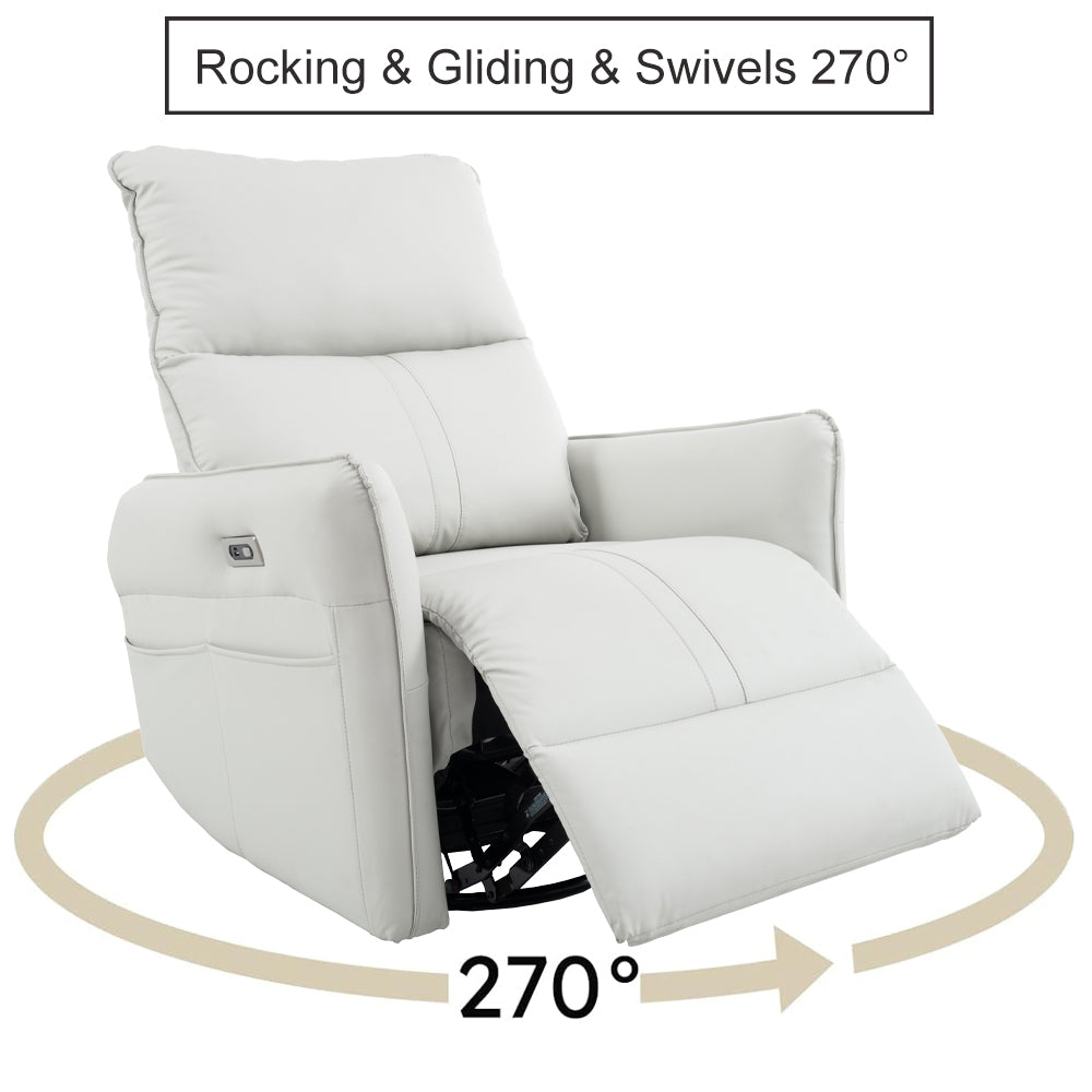 270° Power Swivel Rocker Recliner Chair, PU Leather Electric Glider Reclining Sofa with USB Ports, Power Swivel Glider, Rocking Chair,Nursery Recliners for Living Room Bedroom(Light Gray+270°Swivel)