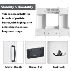 ON-TREND Modern Style 4-in-1 Multiple Functions Hallway Coat Rack with Seven Metal Black Hooks, Entryway Bench Hall Tree with Ample Storage Drawer, White (Old SKU: SD000006AAK)