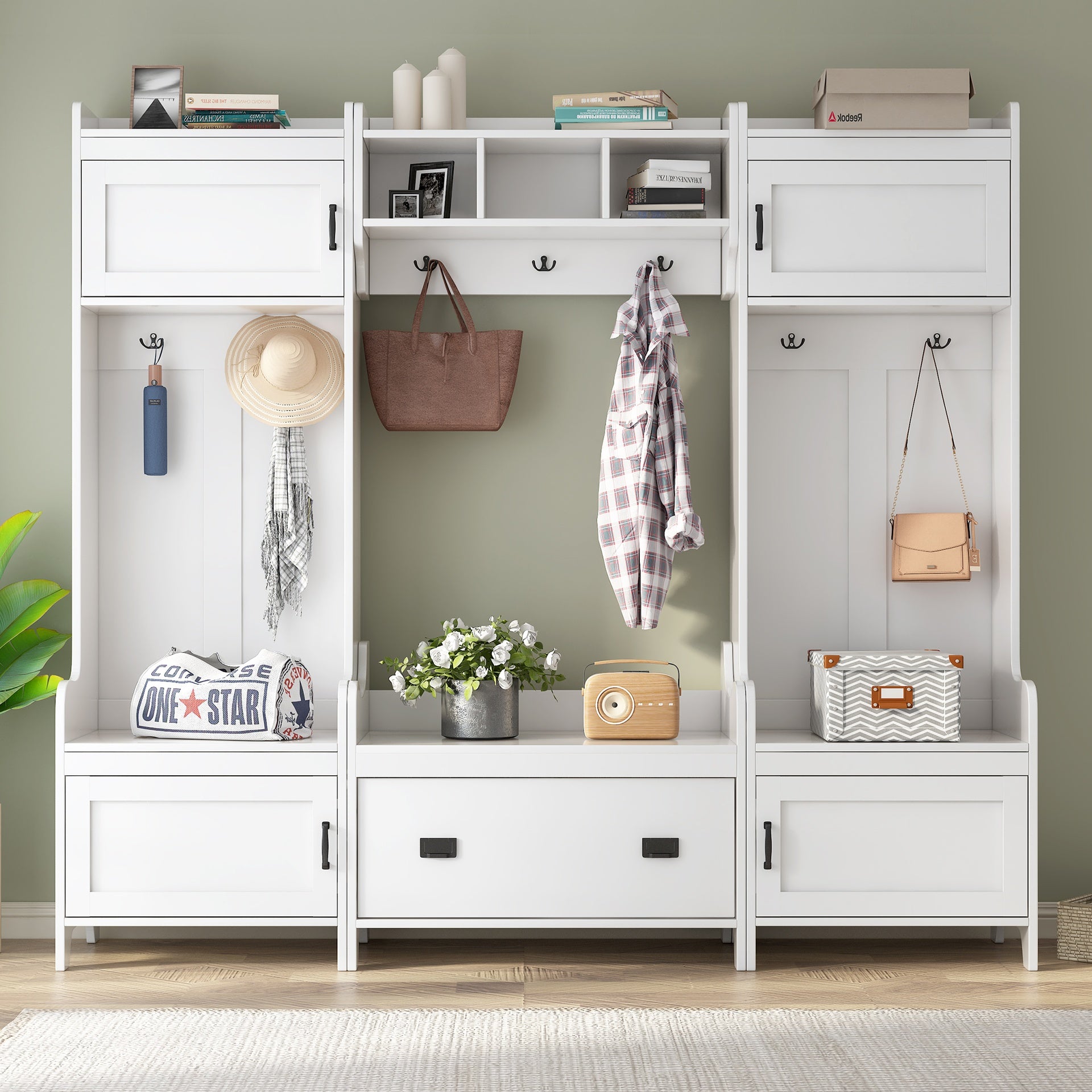 ON-TREND Modern Style 4-in-1 Multiple Functions Hallway Coat Rack with Seven Metal Black Hooks, Entryway Bench Hall Tree with Ample Storage Drawer, White (Old SKU: SD000006AAK)