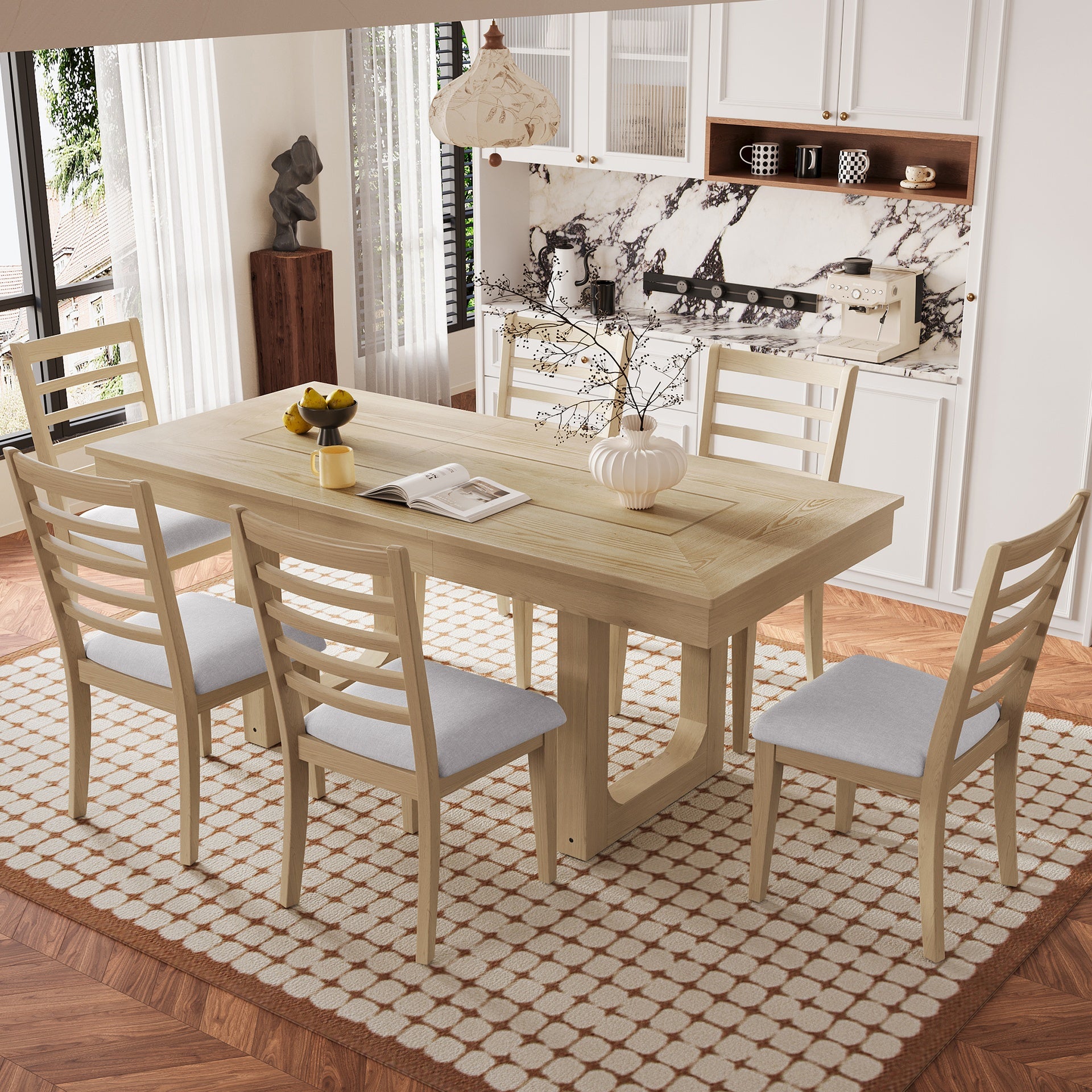 7 Piece Extendable Dining Table Set, Farmhouse Extendable Table with 18" Move Leaf, 78" Rustic Wooden Kitchen Table and 6 piece Upholstered Chairs, Expanding Dining Room Table Set for Dining Room
