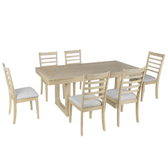7 Piece Extendable Dining Table Set, Farmhouse Extendable Table with 18" Move Leaf, 78" Rustic Wooden Kitchen Table and 6 piece Upholstered Chairs, Expanding Dining Room Table Set for Dining Room