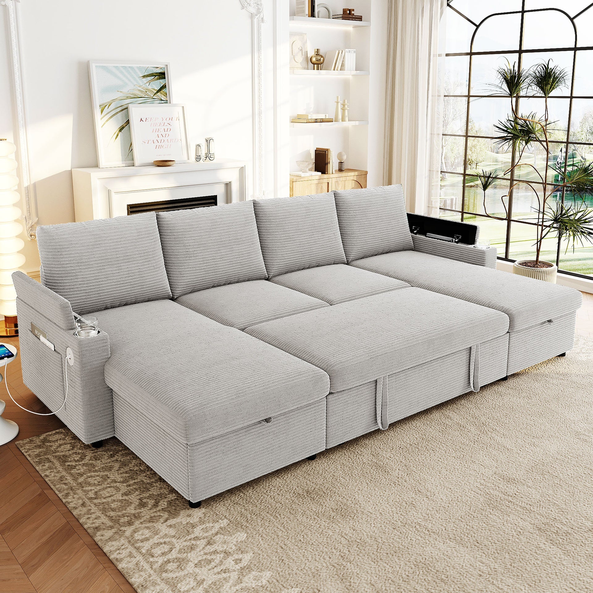 Convertible Sofa Bed 109.5" U-Shaped Sectional Sofa Modern Upholstered Sofa with Storage Chaise Lounges, Cup Holders, USB Ports, and Storage Boxes & Pockets for Living Room, Grey