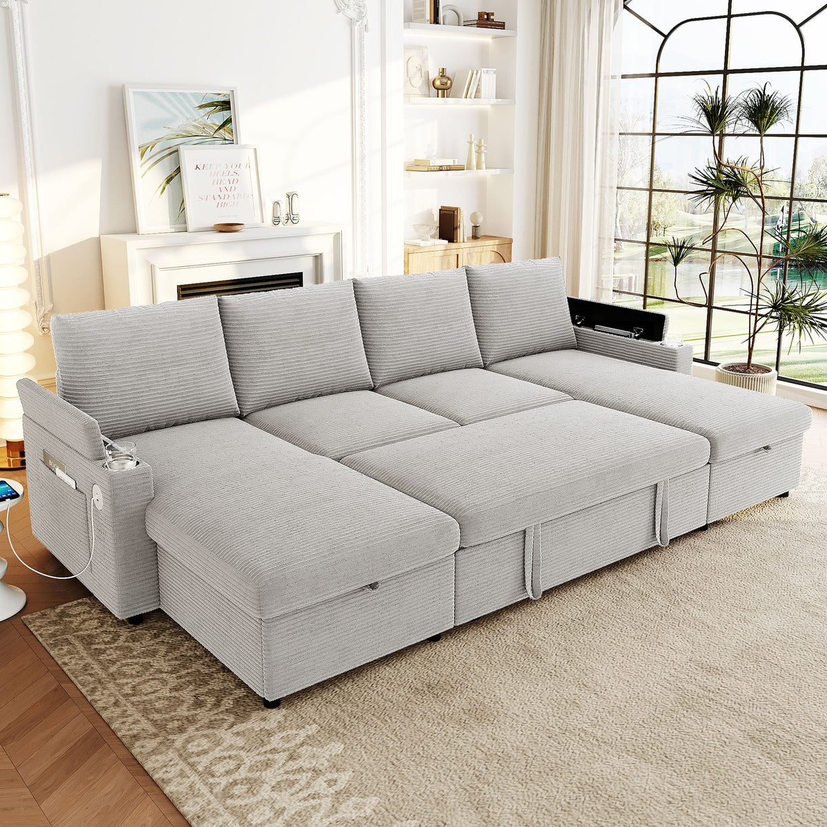 Convertible Sofa Bed 109.5" U-Shaped Sectional Sofa Modern Upholstered Sofa with Storage Chaise Lounges, Cup Holders, USB Ports, and Storage Boxes & Pockets for Living Room, Grey