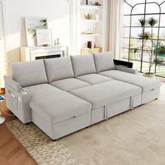 Convertible Sofa Bed 109.5" U-Shaped Sectional Sofa Modern Upholstered Sofa with Storage Chaise Lounges, Cup Holders, USB Ports, and Storage Boxes & Pockets for Living Room, Grey