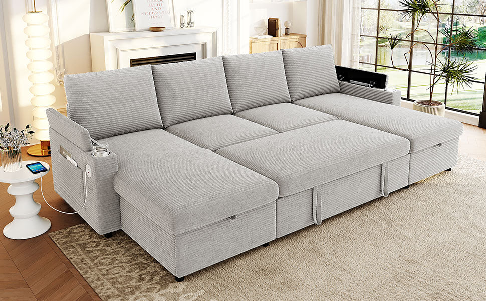 Convertible Sofa Bed 109.5" U-Shaped Sectional Sofa Modern Upholstered Sofa with Storage Chaise Lounges, Cup Holders, USB Ports, and Storage Boxes & Pockets for Living Room, Grey