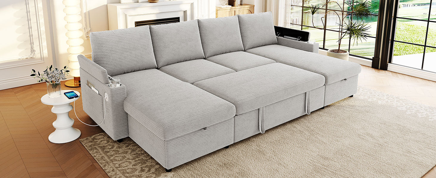 Convertible Sofa Bed 109.5" U-Shaped Sectional Sofa Modern Upholstered Sofa with Storage Chaise Lounges, Cup Holders, USB Ports, and Storage Boxes & Pockets for Living Room, Grey