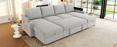 Convertible Sofa Bed 109.5" U-Shaped Sectional Sofa Modern Upholstered Sofa with Storage Chaise Lounges, Cup Holders, USB Ports, and Storage Boxes & Pockets for Living Room, Grey