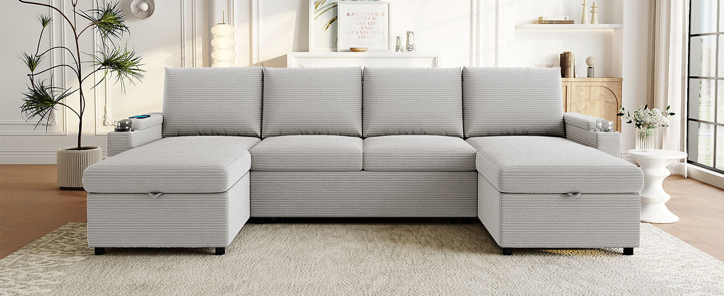 Convertible Sofa Bed 109.5" U-Shaped Sectional Sofa Modern Upholstered Sofa with Storage Chaise Lounges, Cup Holders, USB Ports, and Storage Boxes & Pockets for Living Room, Grey