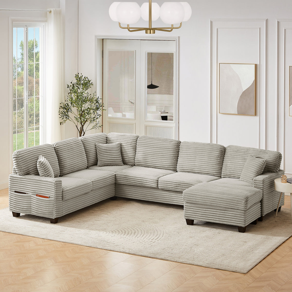Sectional Sofa U-shaped Sectional 125.2" Upholstered L-shaped Sofa with a Movable Ottoman and Side Storage Pockets for Living Room, Light Taupe