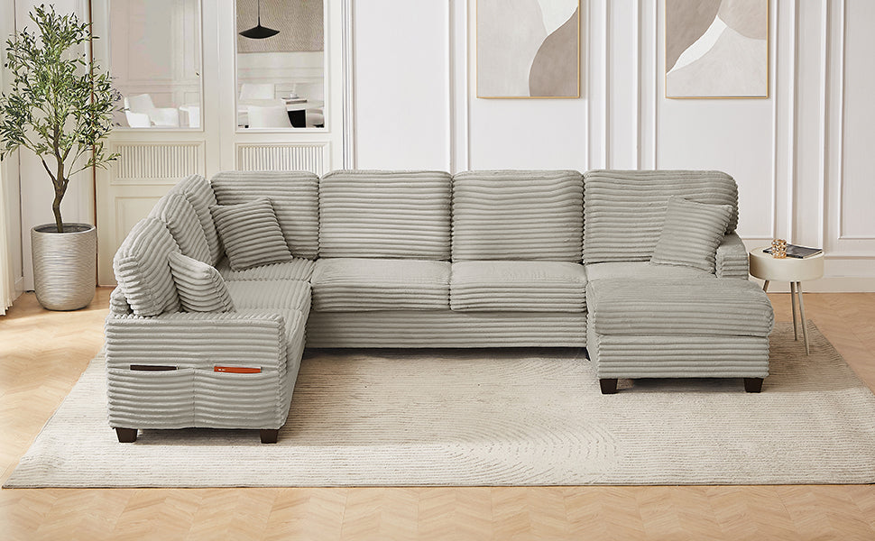 Sectional Sofa U-shaped Sectional 125.2" Upholstered L-shaped Sofa with a Movable Ottoman and Side Storage Pockets for Living Room, Light Taupe