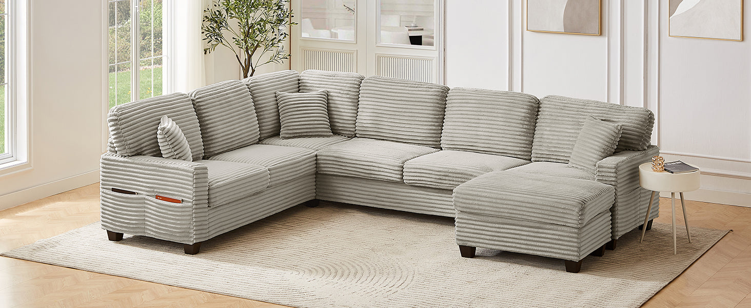 Sectional Sofa U-shaped Sectional 125.2" Upholstered L-shaped Sofa with a Movable Ottoman and Side Storage Pockets for Living Room, Light Taupe