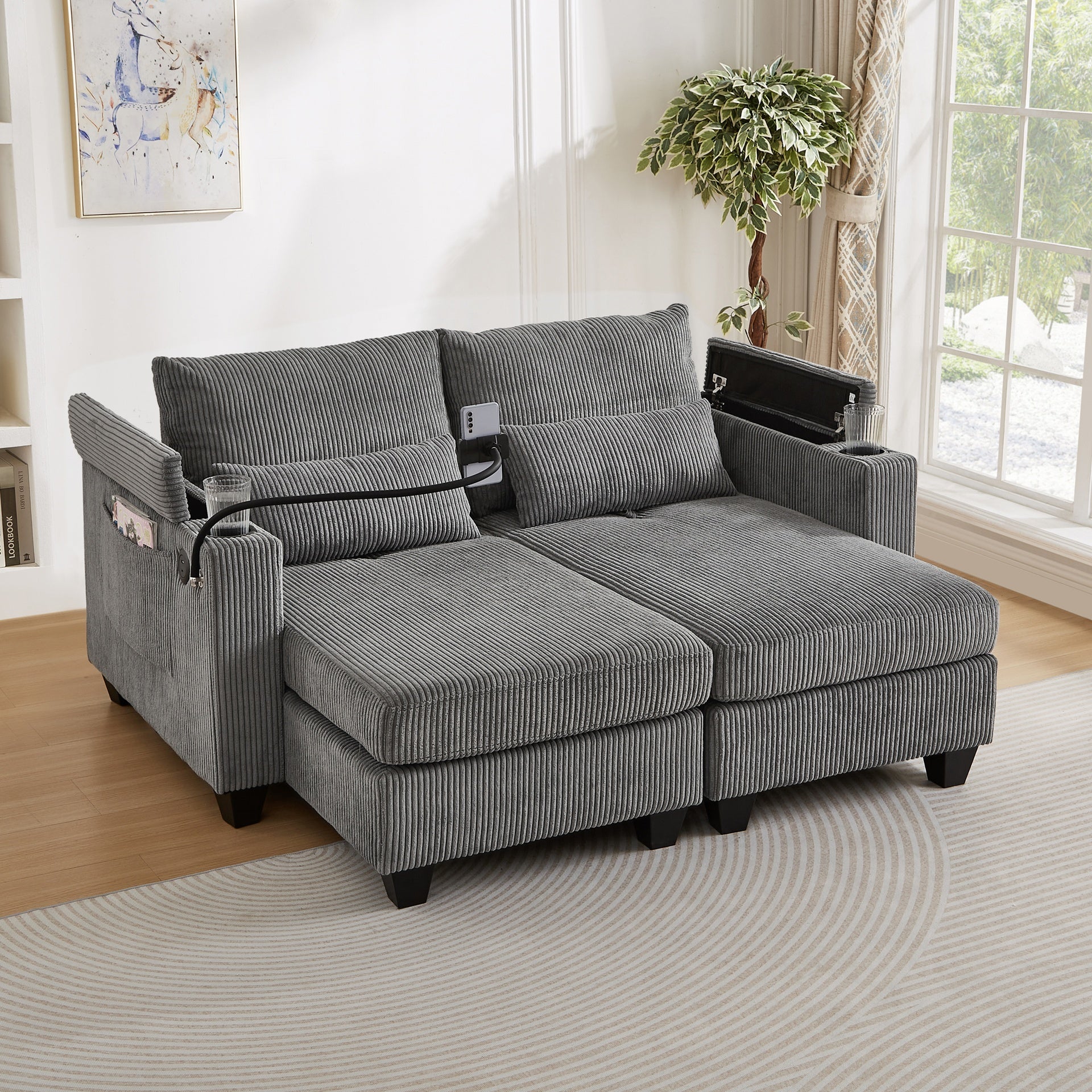 Convertible Chaise Lounge 63" Loveseat Sofa Sofa Bed Corduroy Sleeper Sofa with USB Ports , Two Cup Holders, A Phone Holder and Ample Storage Space for Living Room and Bedroom, Grey