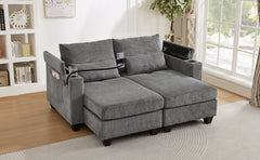 Convertible Chaise Lounge 63" Loveseat Sofa Sofa Bed Corduroy Sleeper Sofa with USB Ports , Two Cup Holders, A Phone Holder and Ample Storage Space for Living Room and Bedroom, Grey