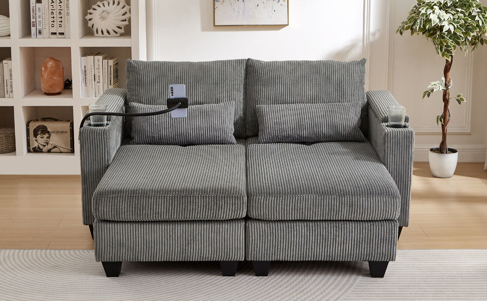 Convertible Chaise Lounge 63" Loveseat Sofa Sofa Bed Corduroy Sleeper Sofa with USB Ports , Two Cup Holders, A Phone Holder and Ample Storage Space for Living Room and Bedroom, Grey