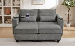 Convertible Chaise Lounge 63" Loveseat Sofa Sofa Bed Corduroy Sleeper Sofa with USB Ports , Two Cup Holders, A Phone Holder and Ample Storage Space for Living Room and Bedroom, Grey