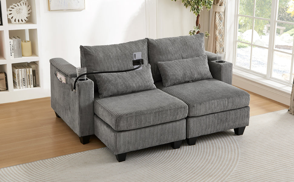 Convertible Chaise Lounge 63" Loveseat Sofa Sofa Bed Corduroy Sleeper Sofa with USB Ports , Two Cup Holders, A Phone Holder and Ample Storage Space for Living Room and Bedroom, Grey